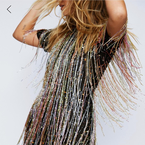 nasty gal beaded tassel dress Black Plus Moon And Star Beaded Tassel Shift Mini Dress
